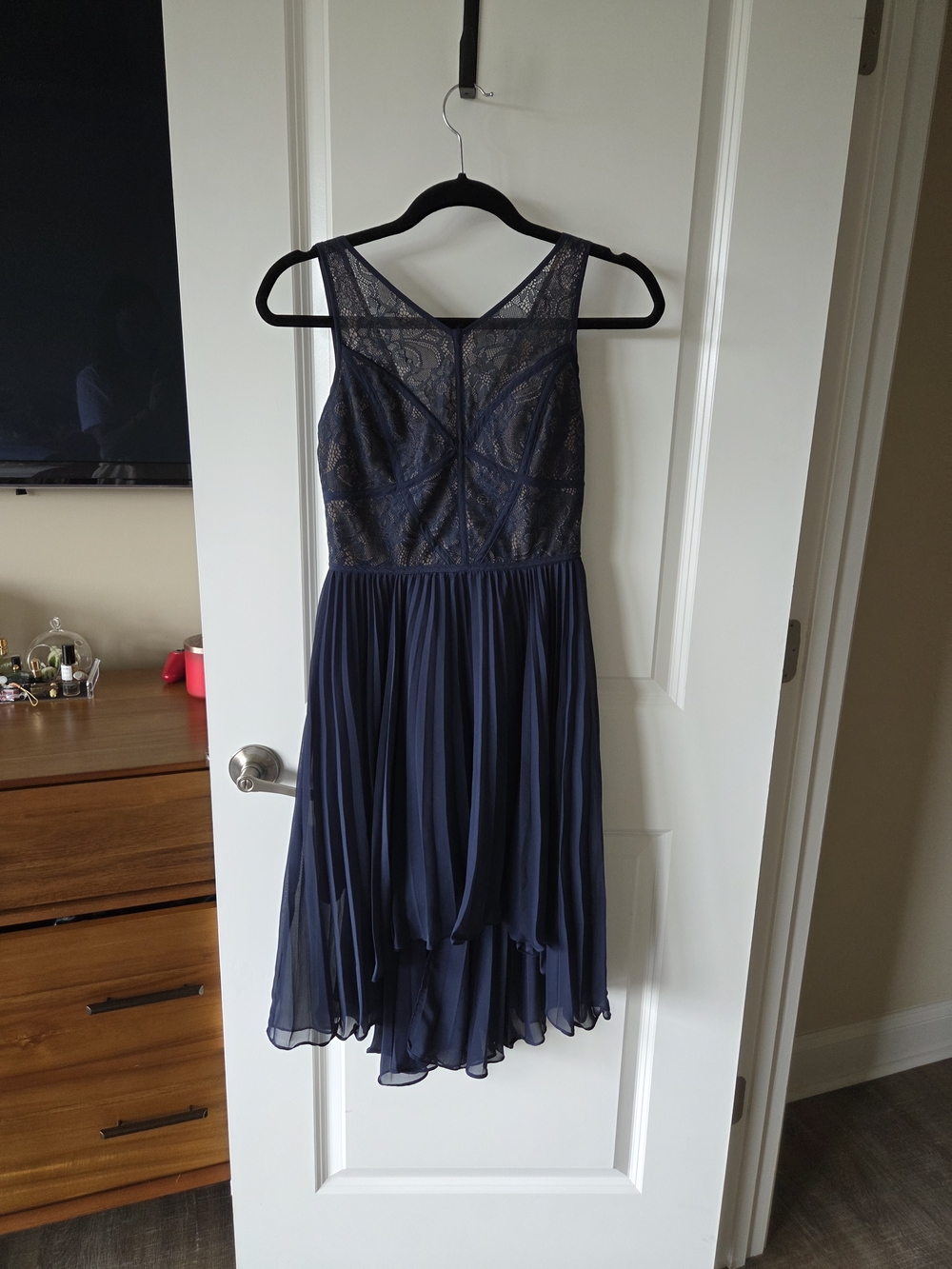 Max & Cleo Navy Lace Bodice High-Low Chiffon Dress